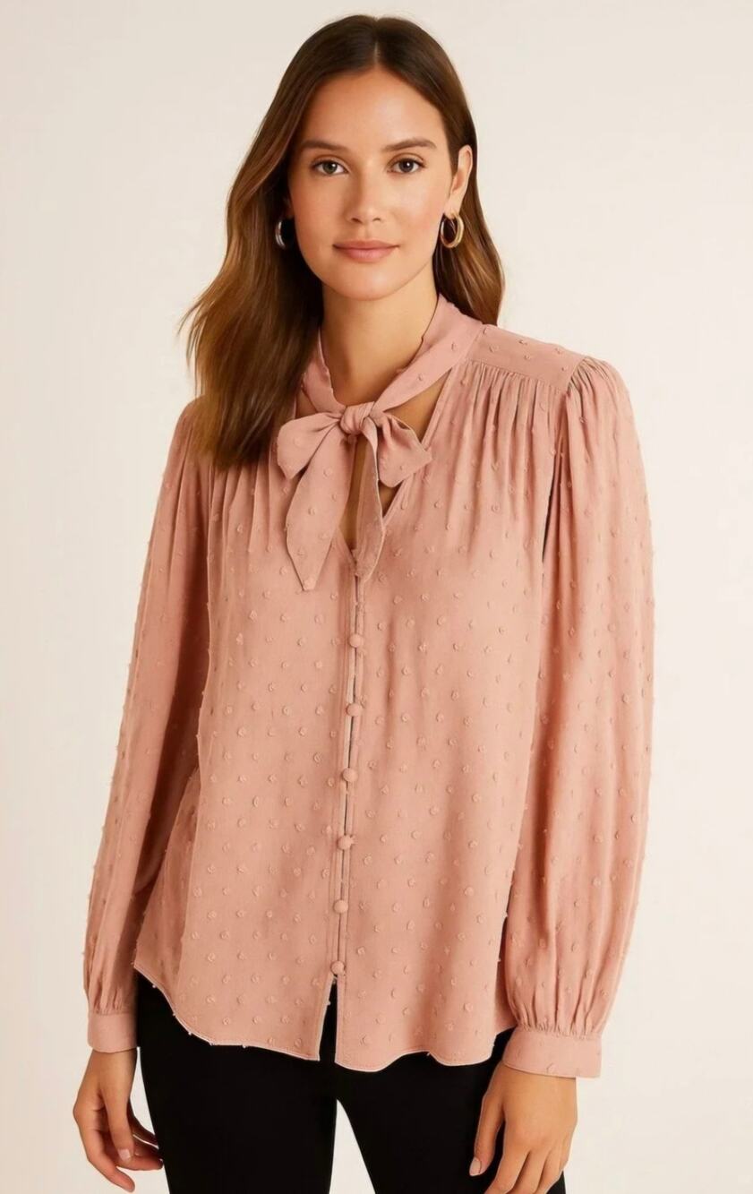 LOFT Blush Pink Clip Dot Swiss Dot Tie Neck Button Front Blouse, Size Large